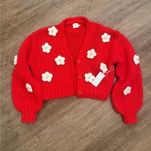 Luna Ivy Red Pink 3D Flower Cropped Cardigan Sweater size medium cottage